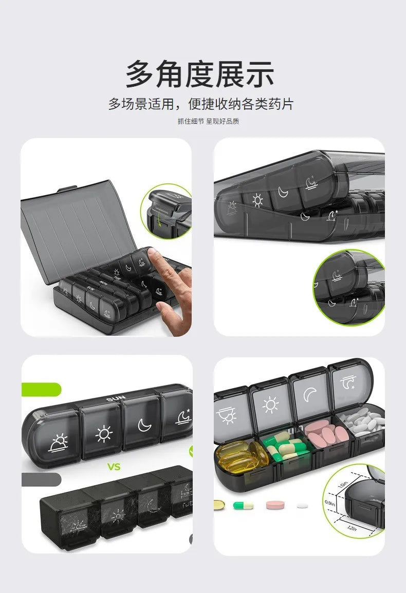 A black weekly pill organizer with 7-day compartments shown in various angles and comparisons.
