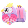 A purple cartoon animal plush backpack with yellow accents and pink wings.