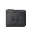 A black men's embossed PU leather slim wallet with a zipper closure.