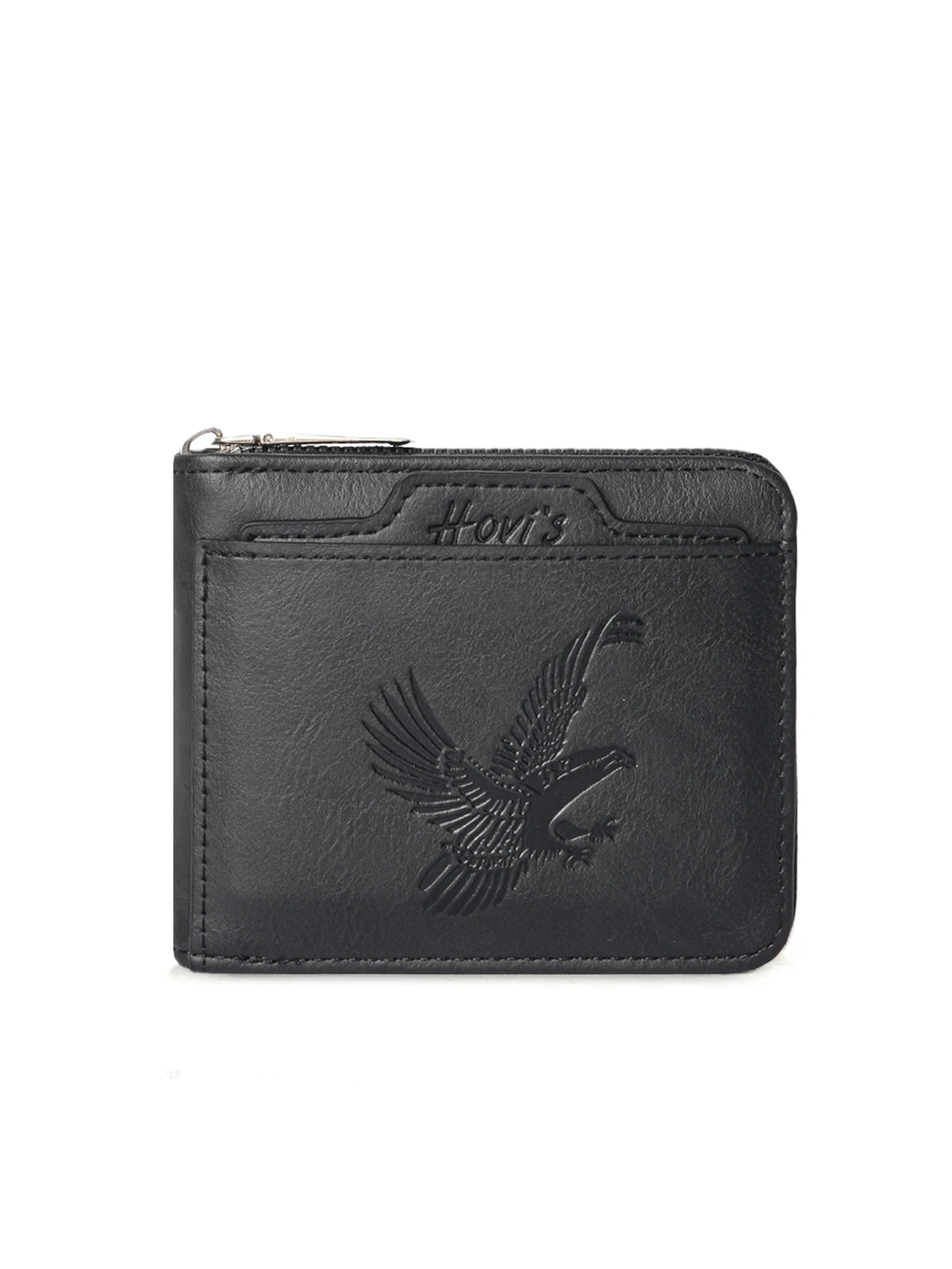A black men's embossed PU leather slim wallet with a zipper closure.