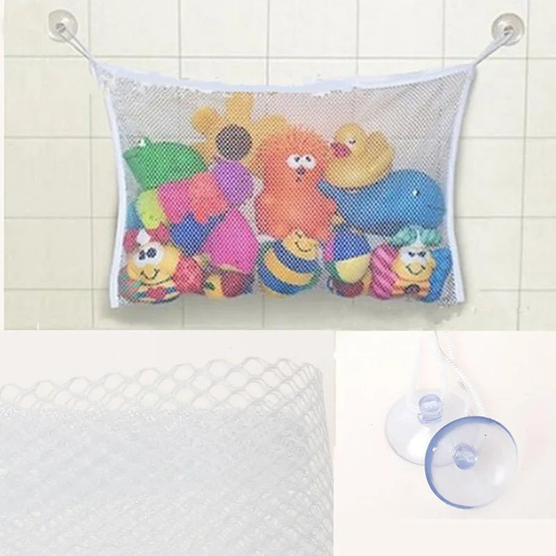Bolsa de malla de almacenamiento llena de juguetes de baño coloridos y anillos de silicona para organizar artículos infantile