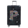 A dark gray stretch fabric luggage protection cover with silver handles and wheels.