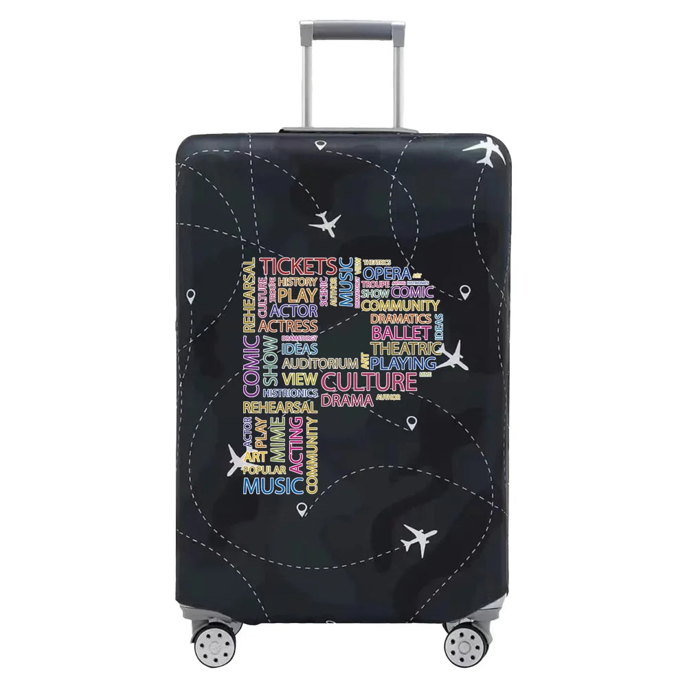 A dark gray stretch fabric luggage protection cover with silver handles and wheels.