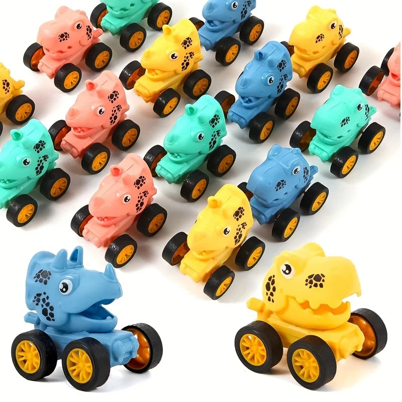 A collection of mini pull-back dinosaur cars in various colors including pink, yellow, blue, and green.