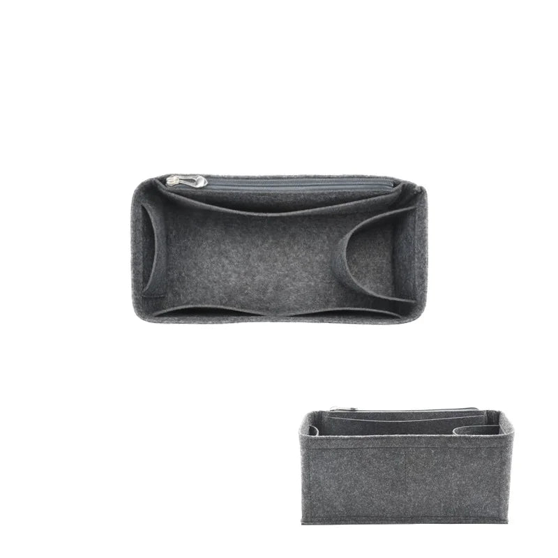 A dark gray felt cloth bag organizer designed to hold and organize handbags.
