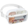 Clear stadium-approved waist pack with an adjustable white strap and various small compartments.