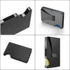 Cartera delgada de aluminio negro con bloqueo RFID, mostrada desde varios ángulos