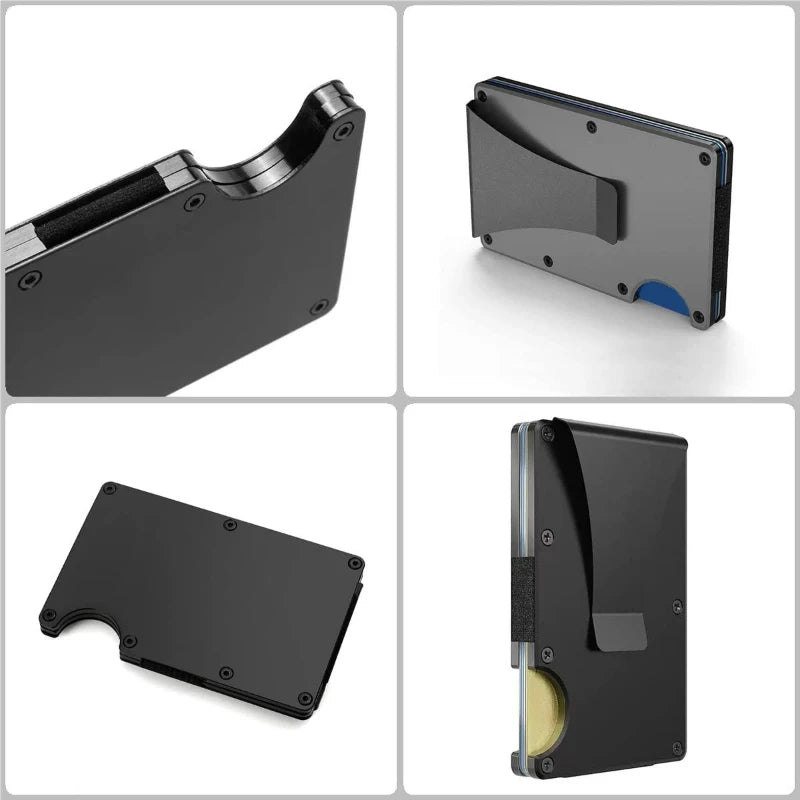Cartera delgada de aluminio negro con bloqueo RFID, mostrada desde varios ángulos