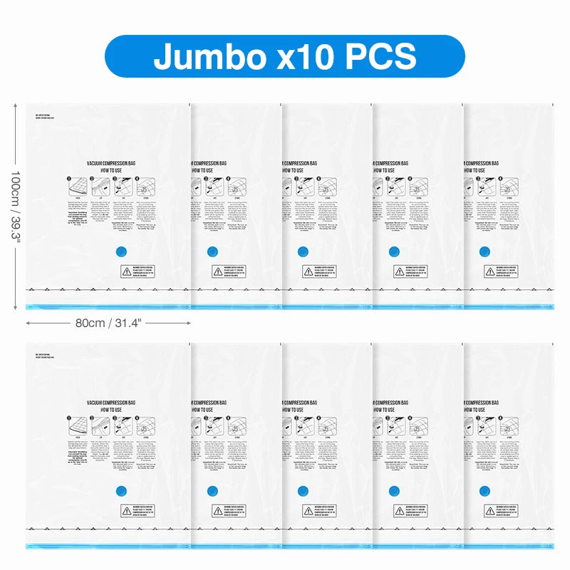 Ten jumbo vacuum compression bags for electric vacuum storage pump