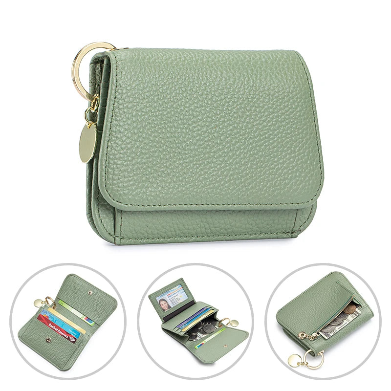 A mint green genuine leather RFID blocking women's wallet with a gold-tone clasp.