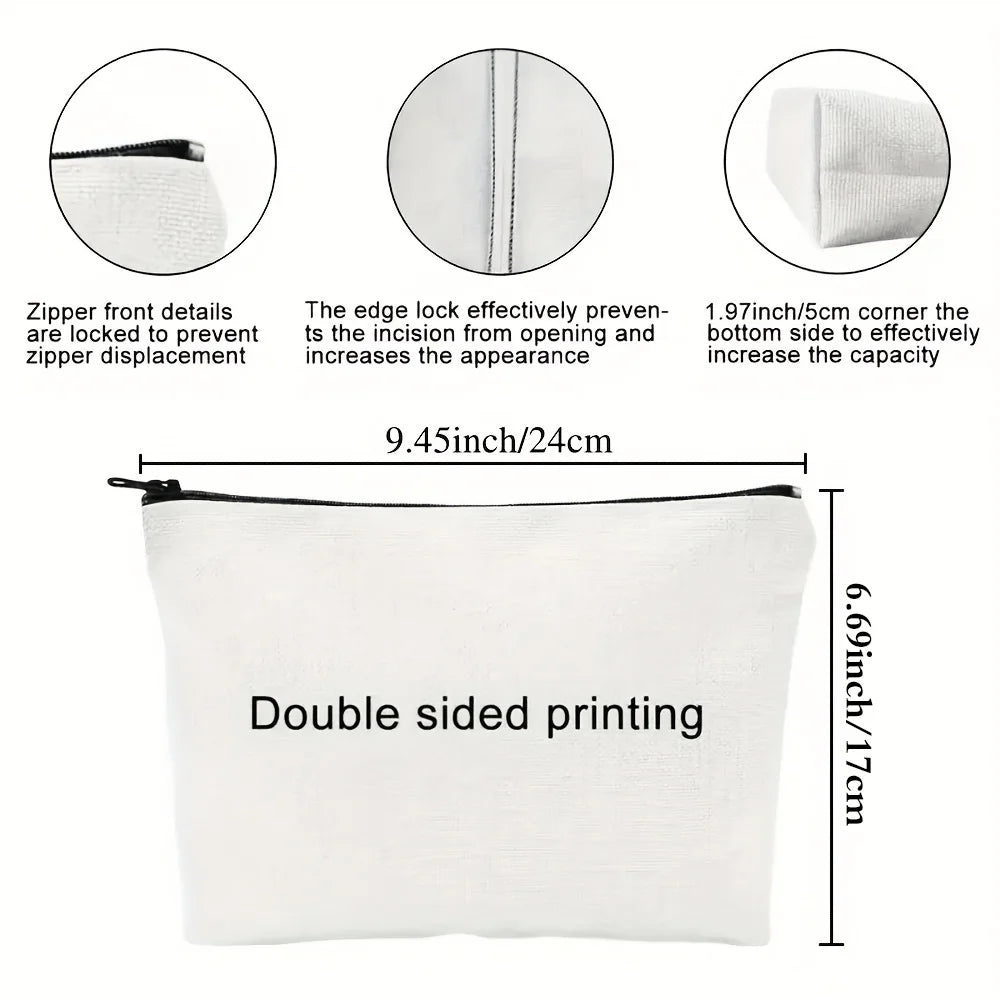 White multifunctional zipper makeup bag with double-sided printing and reinforced edges