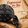 Black pirate style sports headband with a reinforced edge shown on a wooden surface.