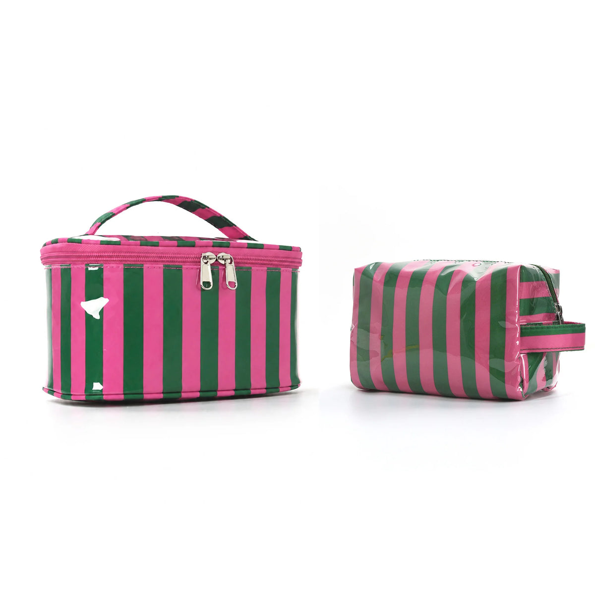 Bolsa de almacenamiento cosmético a rayas rosa y verde para maquillaje y artículos de tocador, mostrada en dos vistas.