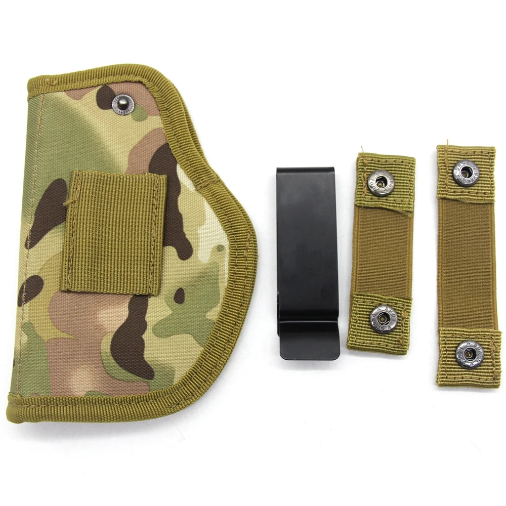 Olive drab camouflage IWB concealment holster with a metal belt clip and a padded retention sleeve