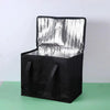 A black reusable insulated cooler bag is shown open, revealing a silver reflective lining inside.