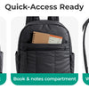 Black laptop backpack showing accessory, book and notes, and water bottle pockets.