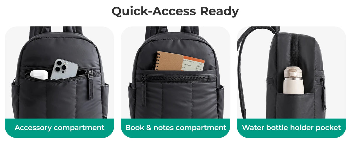 Black laptop backpack showing accessory, book and notes, and water bottle pockets.