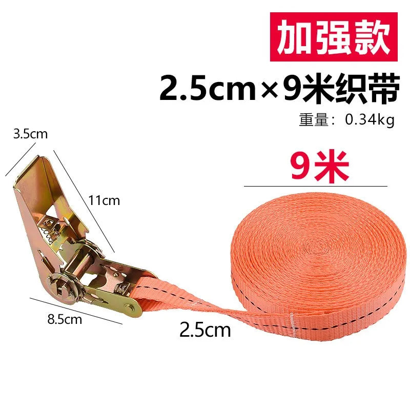 A roll of 9mm orange heavy duty ratchet cargo straps, measuring 2.5cm wide and 9mm in diameter.