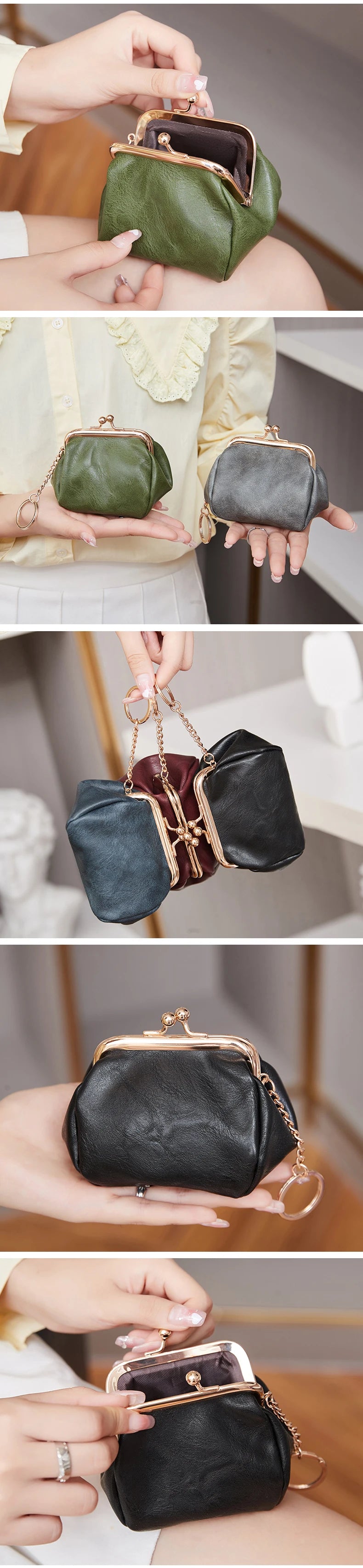 A close-up of a black leather coin purse with gold hardware and a leather keychain being held by a hand.