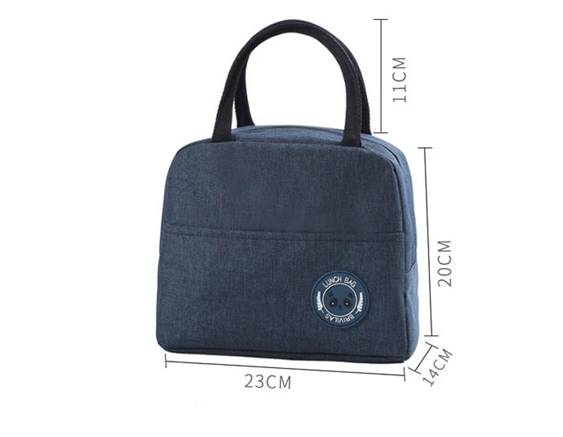 A dark blue insulated lunch bag with a handle, shown from the top view.