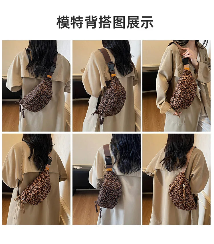 Close-up shots of a leopard print crossbody bag worn with a beige jacket.