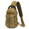 Olive green tactical chest bag with a black strap and padded shoulder strap