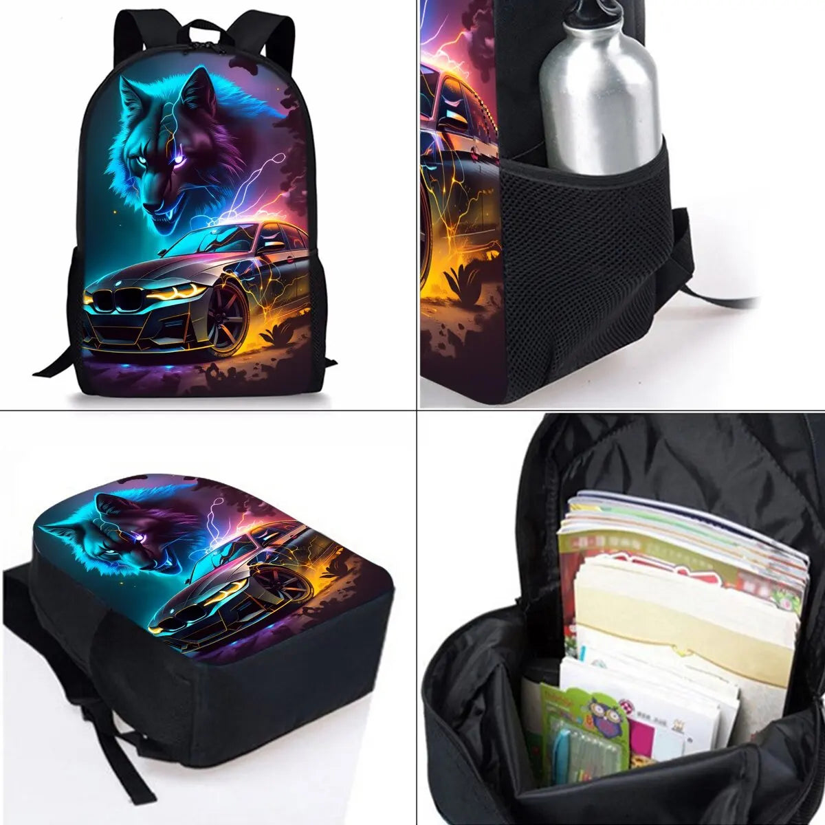 A black backpack set featuring a wolf cartoon design, including a lunch bag and pencil case.