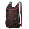 Black outdoor folding backpack with gray straps and red accents