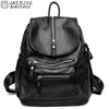 A black vintage soft leather backpack for women shown from the back.