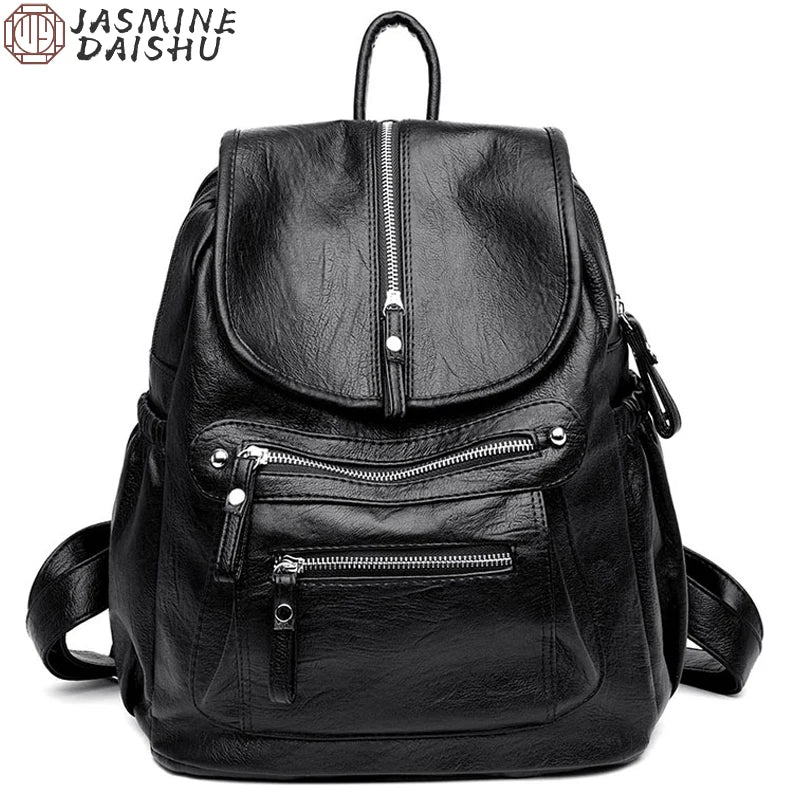 A black vintage soft leather backpack for women shown from the back.