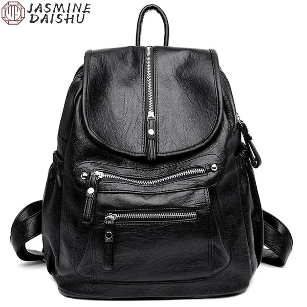 A black vintage soft leather backpack for women shown from the back.