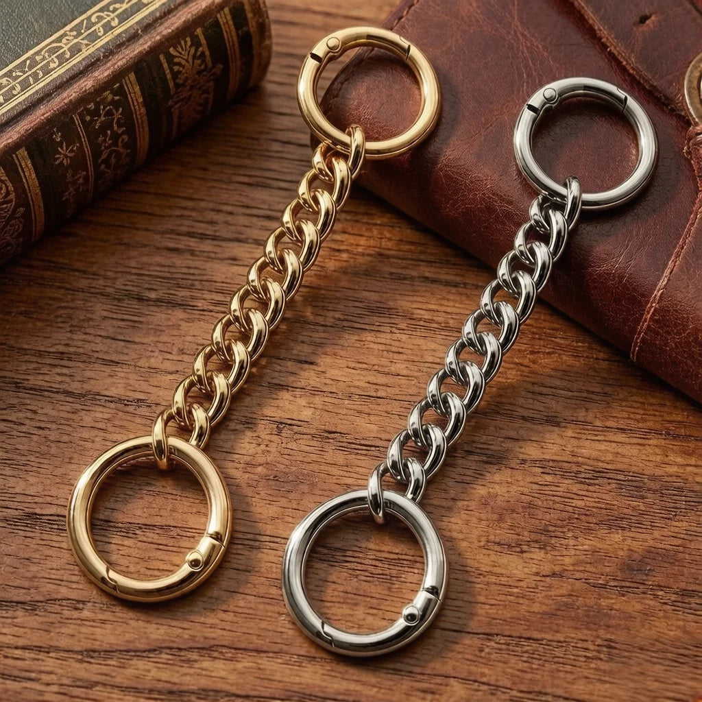 A pair of gold and silver metal chain extenders or clasps resting on a brown leather surface.