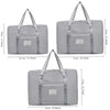 A set of three gray canvas travel storage bags shown from the front with dimensions provided.