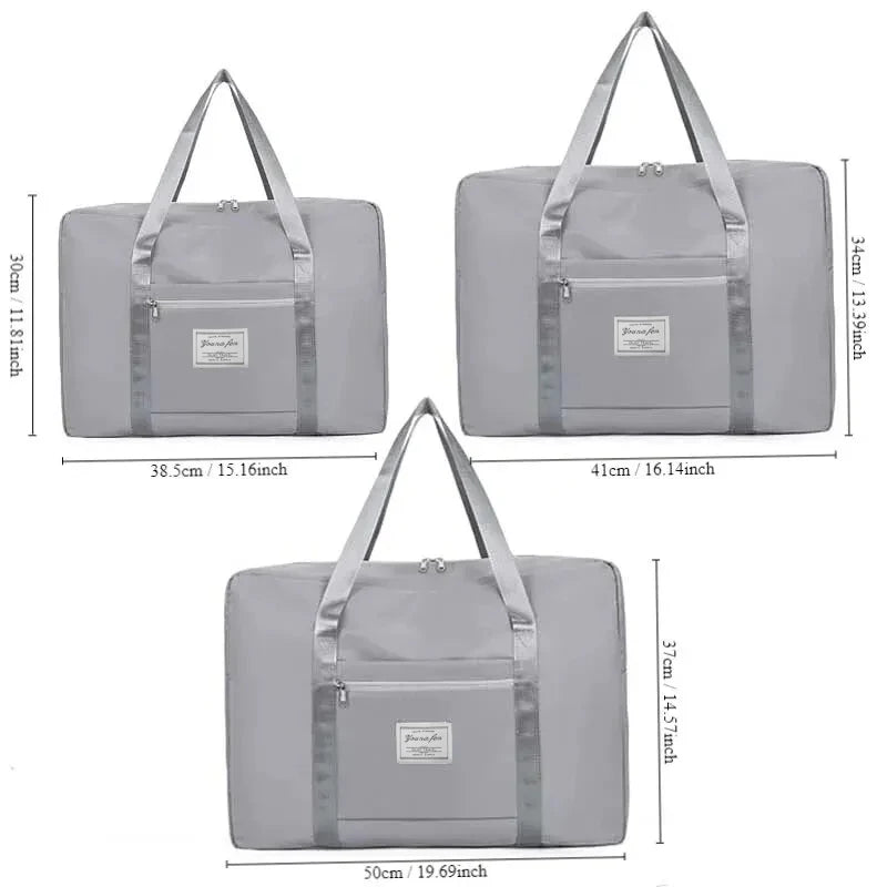 A set of three gray canvas travel storage bags shown from the front with dimensions provided.