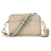 A beige nylon crossbody bag with a striped tan and light blue strap.
