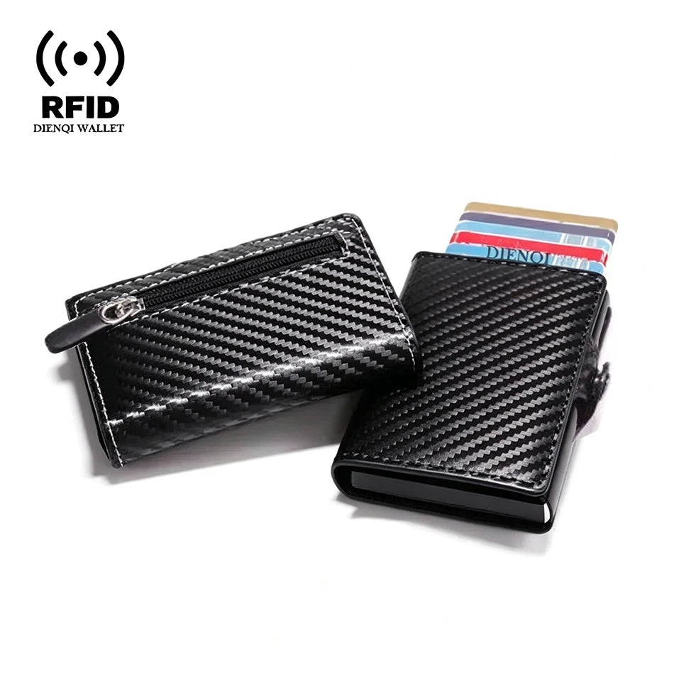 A black slim wallet made of carbon fiber material with a zippered compartment and a stack of cards.