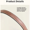 A close-up view of a brown leather crossbody strap showing its texture and stitching.