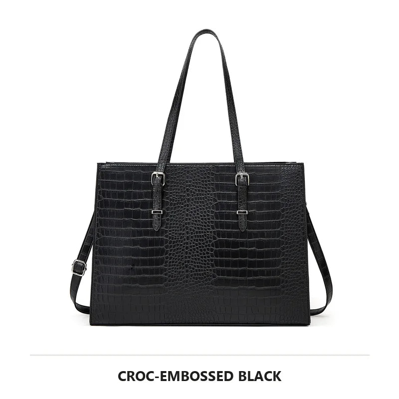 Black croc-embossed leather tote bag with long handles