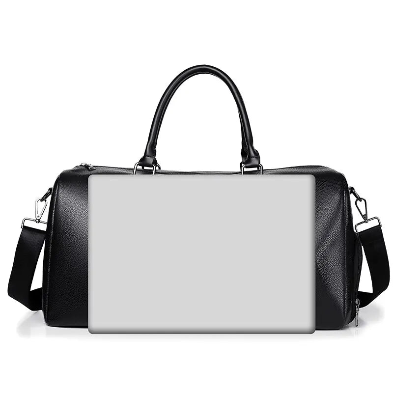 Maleta de viaje retro de cuero negro para moto PU con inserto rectangular blanco y asas de cuero negro.