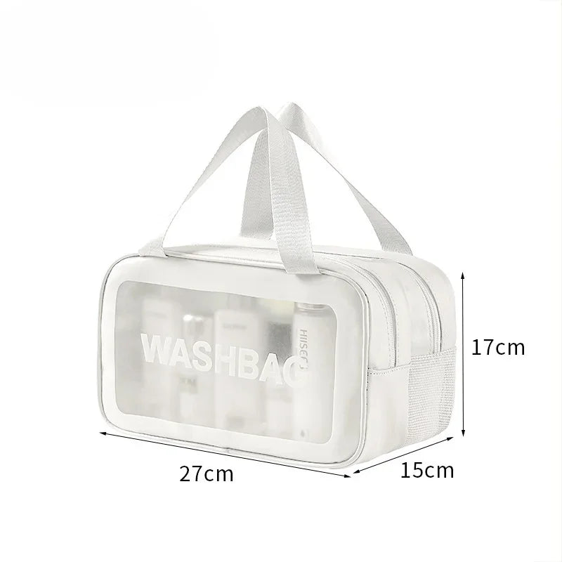 Bolsa de maquillaje y tocador blanca de plástico para separar húmedo y seco con correas blancas.