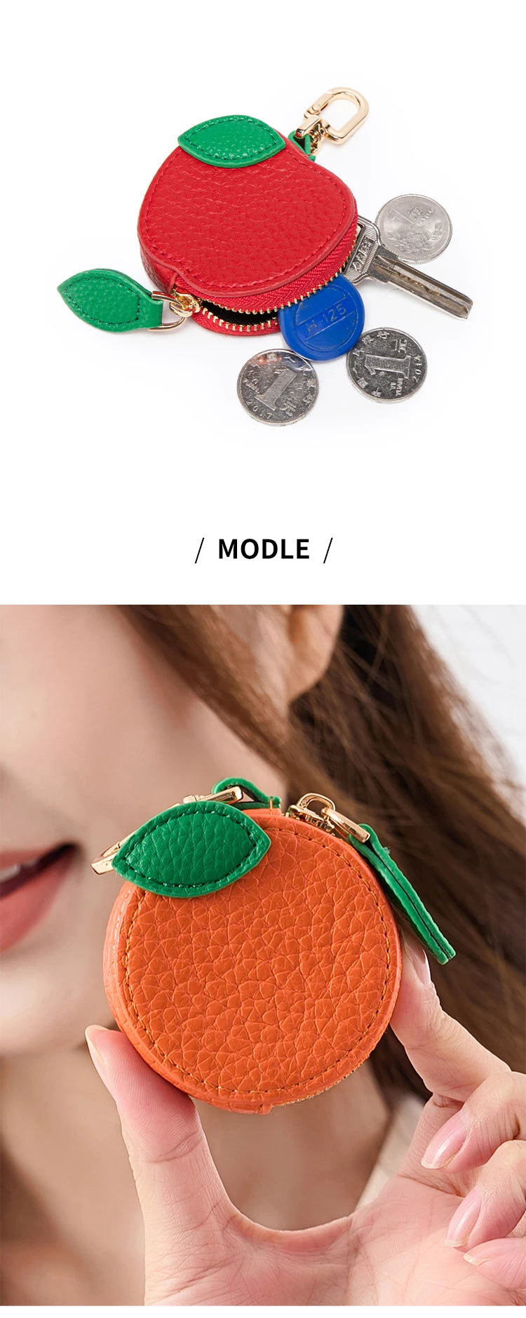 A red felt cherry-shaped coin purse keychain with a green leaf detail and several silver coins.