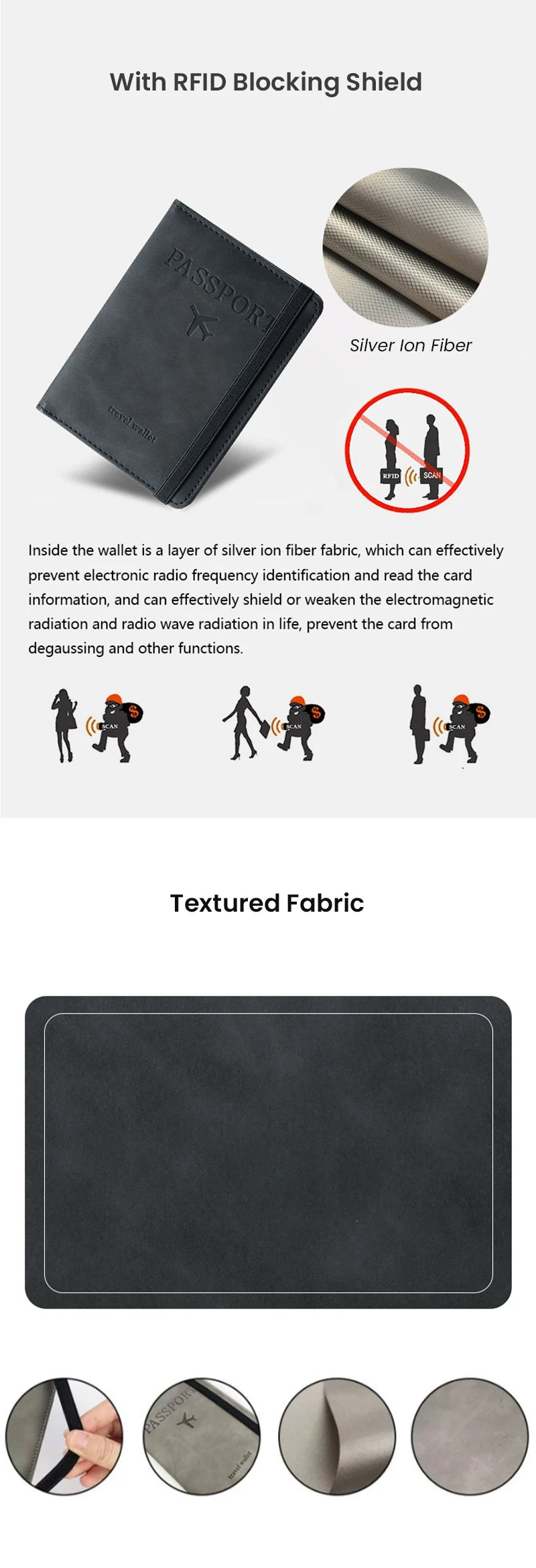 A black leather passport holder with an RFID blocking shield and a textured fabric surface.
