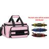 A pink heavy-duty multi-pocket tool bag is shown next to three belts with randomly distributed colors.