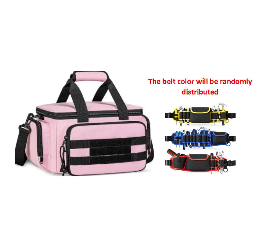 A pink heavy-duty multi-pocket tool bag is shown next to three belts with randomly distributed colors.