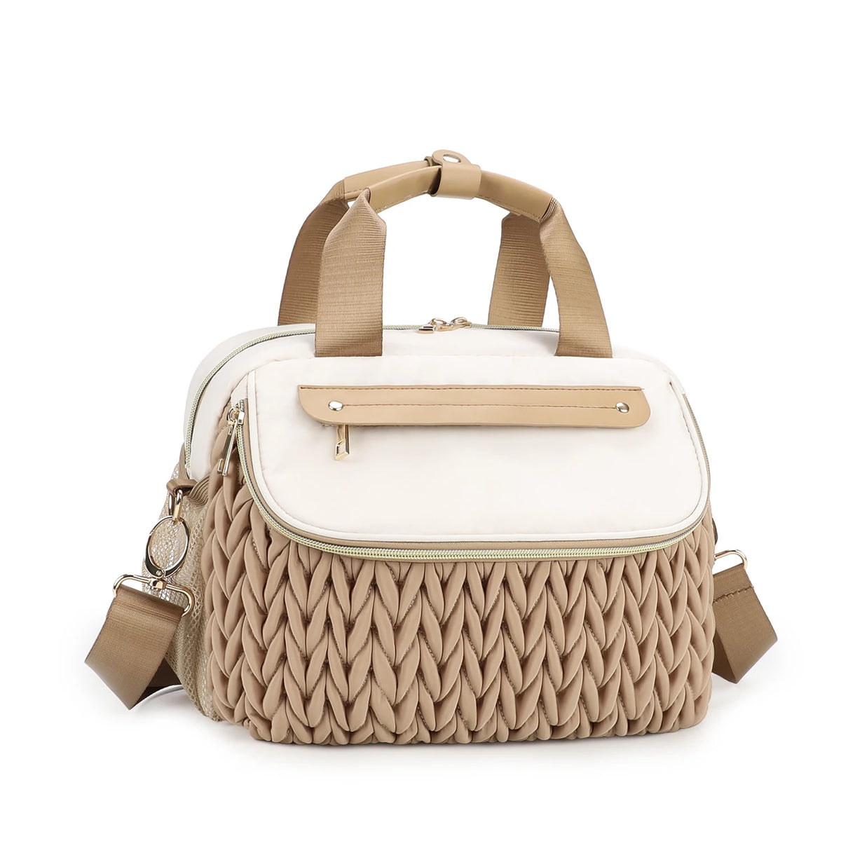A beige quilted mommy bag with a light cream lining and tan strap is shown from the front.
