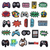 A collection of decorative shoe charms and pins featuring various game-themed icons like Game Over Play Level Up and Game On