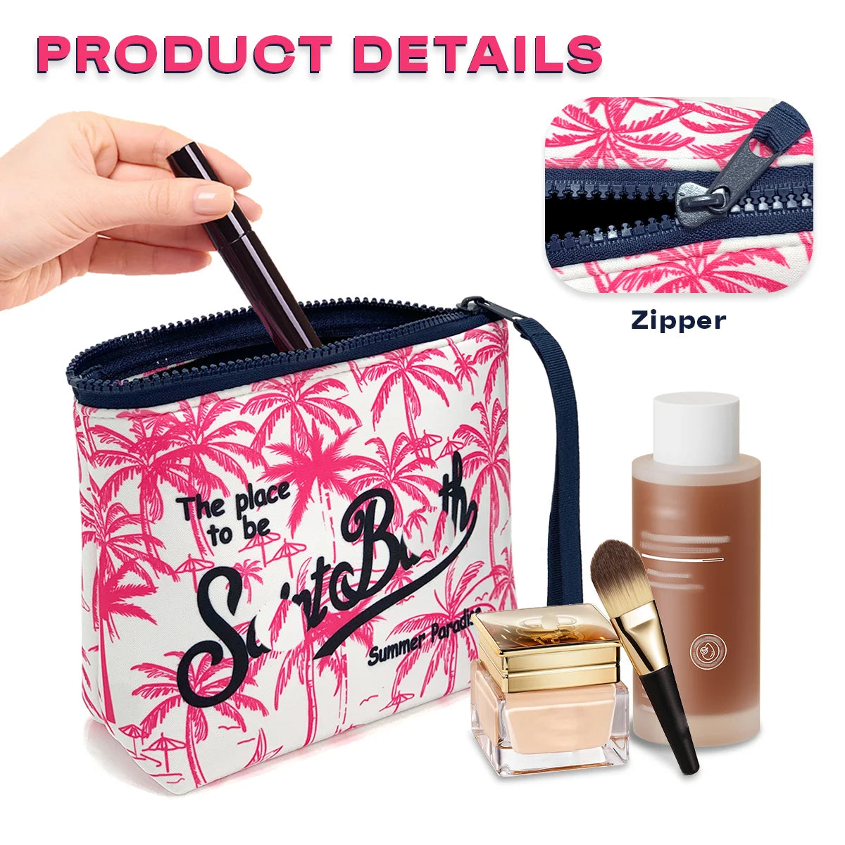 Bolsa cosmética de palma rosa y blanca con cremallera, junto a un producto y pincel dorados.