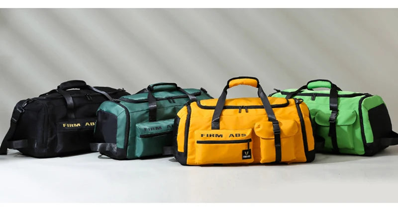 Four tactical backpacks in black, green, and yellow are displayed on a white surface.