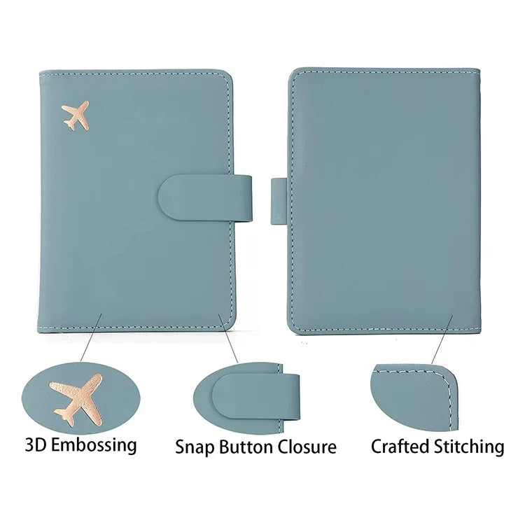 Light blue PU leather passport holder featuring 3D embossing, snap button closure, and crafted stitching.