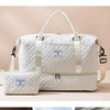 A white lightweight travel duffel bag with an attached shoe and cosmetic pouch shown next to fitness, swim, and eviction icon